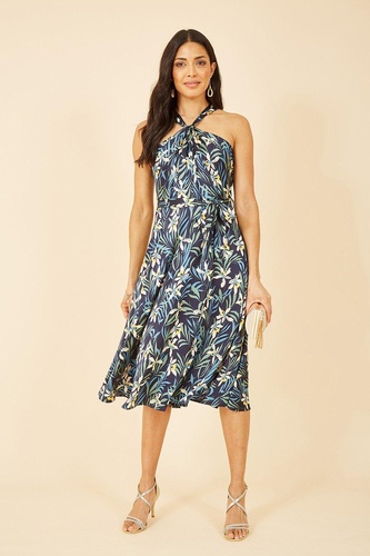 Navy Tropical Print Satin Cross Neck Midi Dress