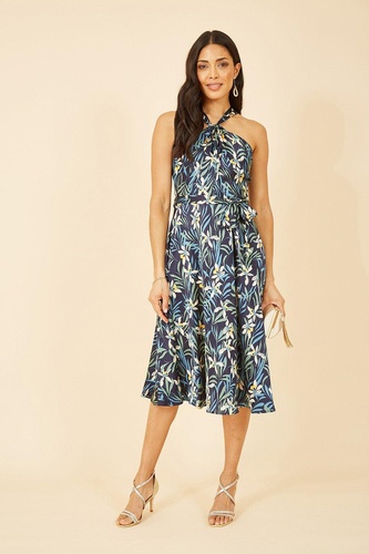 Navy Tropical Print Satin Cross Neck Midi Dress