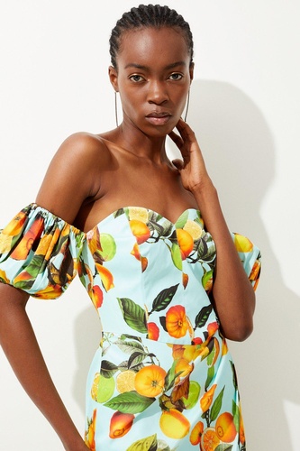 Italian Signature Citrus Print Bardot Mini Dress