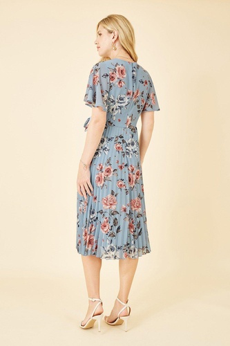 Blue Floral Pleated Wrap Midi Dress