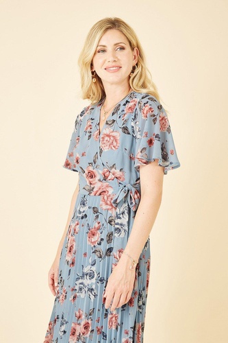 Blue Floral Pleated Wrap Midi Dress