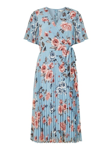 Blue Floral Pleated Wrap Midi Dress