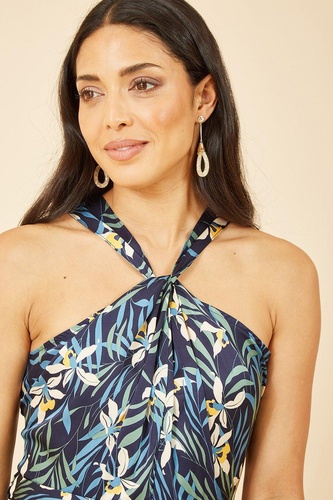 Navy Tropical Print Satin Cross Neck Midi Dress