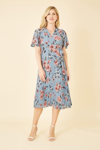 Blue Floral Pleated Wrap Midi Dress