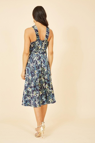 Navy Tropical Print Satin Cross Neck Midi Dress