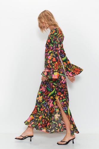 Mixed Floral Jacquard Flute Sleeve Jacquard Midi Dress