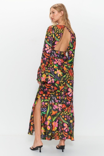 Mixed Floral Jacquard Flute Sleeve Jacquard Midi Dress