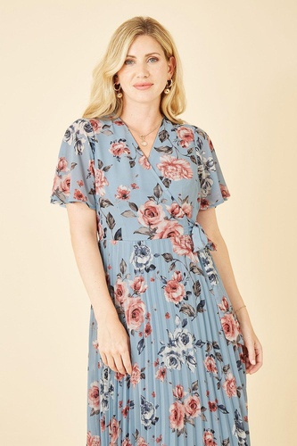 Blue Floral Pleated Wrap Midi Dress