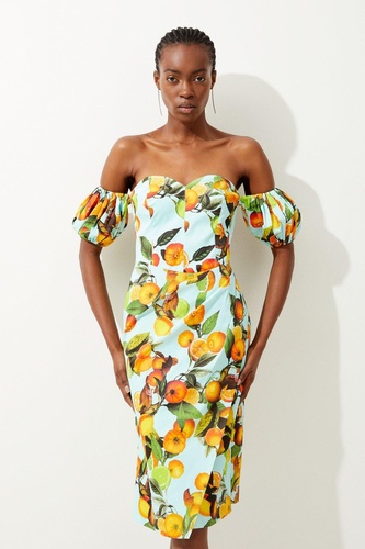 Italian Signature Citrus Print Bardot Mini Dress