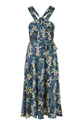 Navy Tropical Print Satin Cross Neck Midi Dress