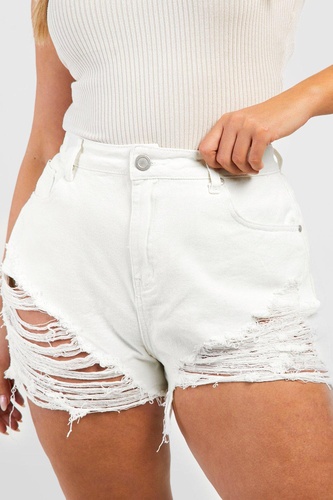 Plus Denim Contrast Stitch Distressed Denim Short