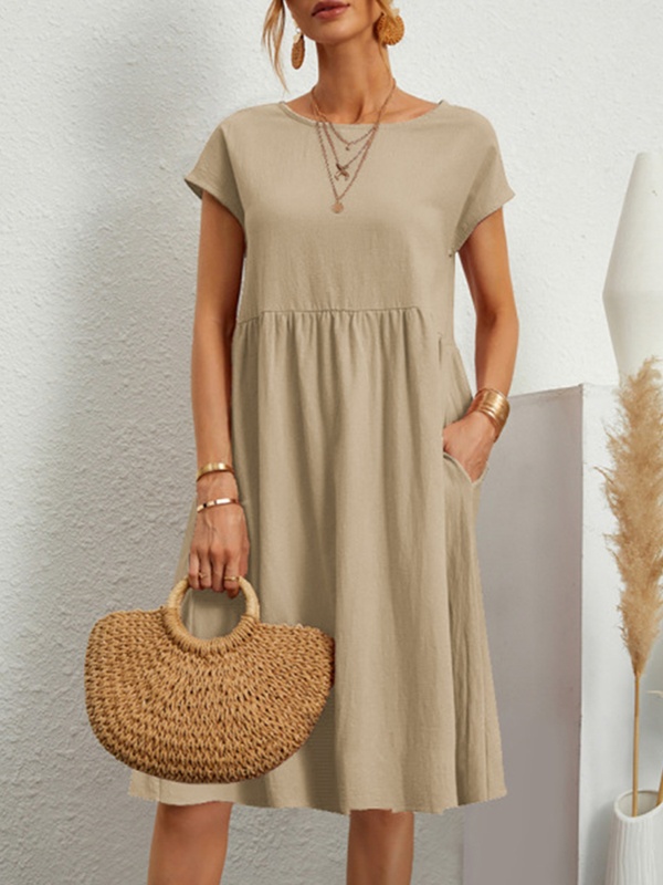 Summer Cotton And Linen Solid Color Round Neck Dress