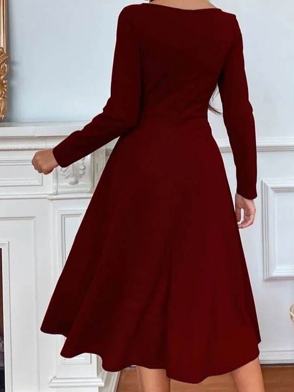 Round Neck Casual Loose Solid Color Long Sleeve Midi Dress