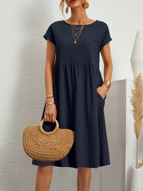 Summer Cotton And Linen Solid Color Round Neck Dress