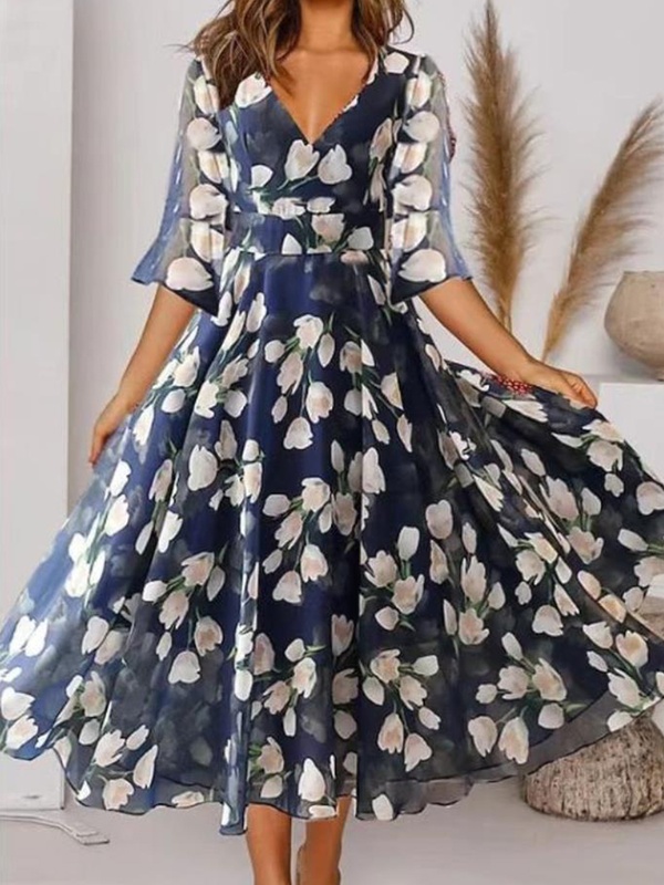 Casual V neck Printed Half Sleeve Midi Dress