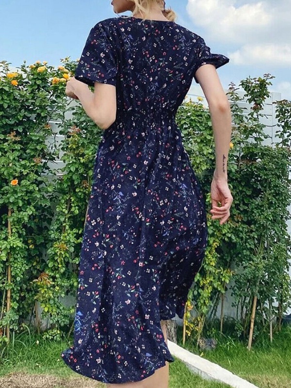 V Neck Floral Print Waist Short Sleeved Midi Dress