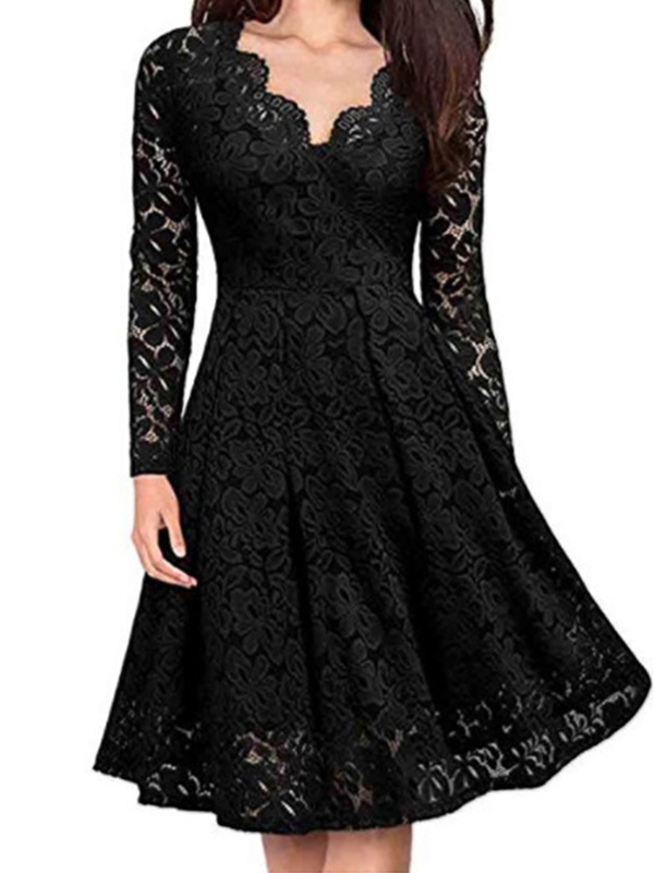 V neck Lace Long Sleeve Dress