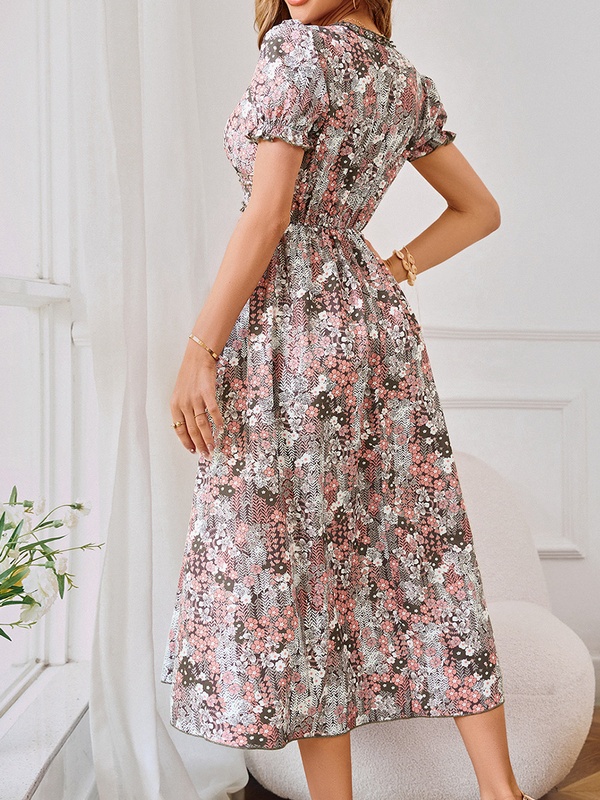 V neck Waist Up Printed Short Sleeve Midi Dress