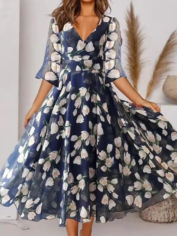 Casual V neck Printed Half Sleeve Midi Dress