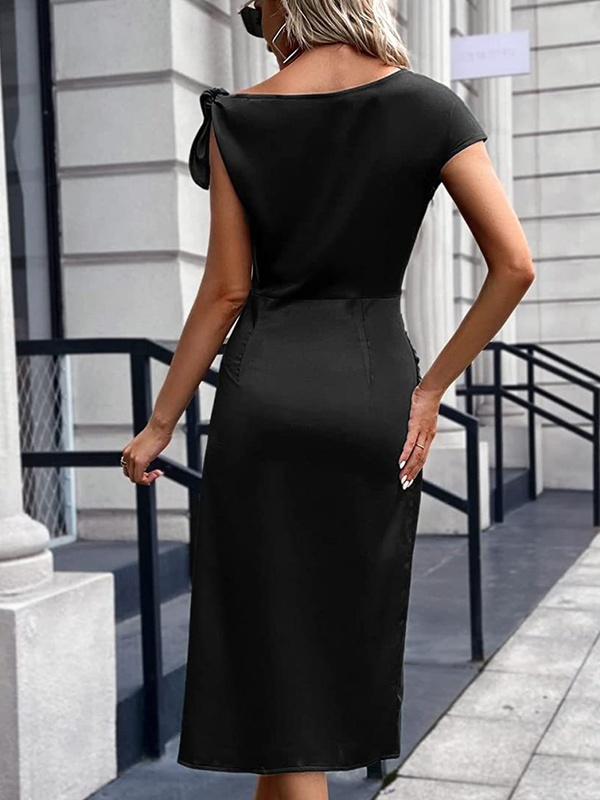 Women Fashion Solid Pleated Split Midi Dress