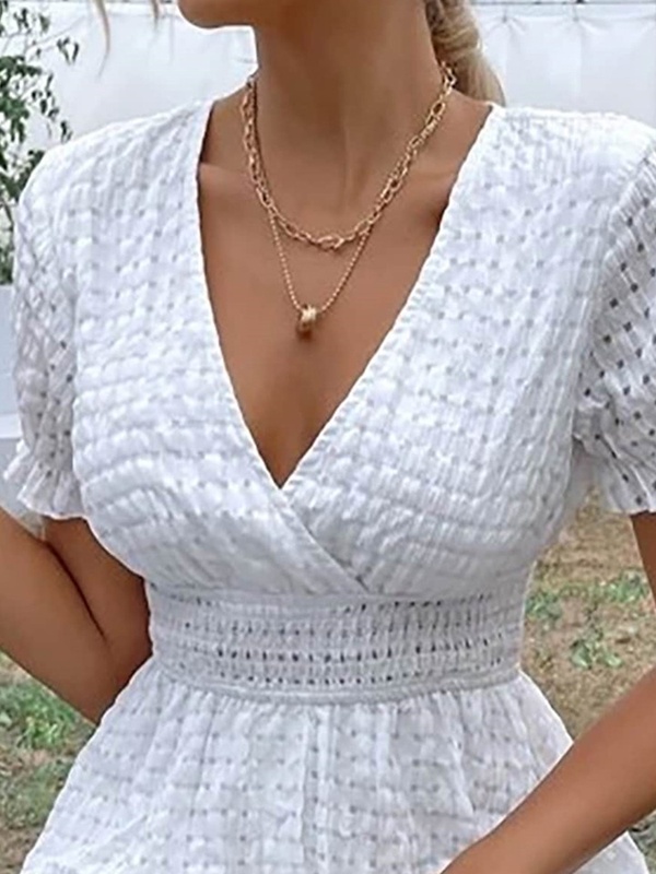 White Deep V neck Midi Dress