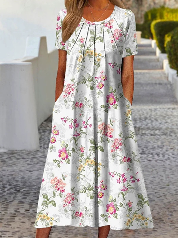 Round Neck Casual Loose Floral Print Short Sleeve Midi Dress