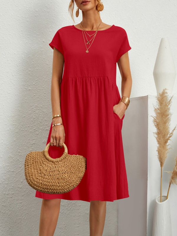 Summer Cotton And Linen Solid Color Round Neck Dress