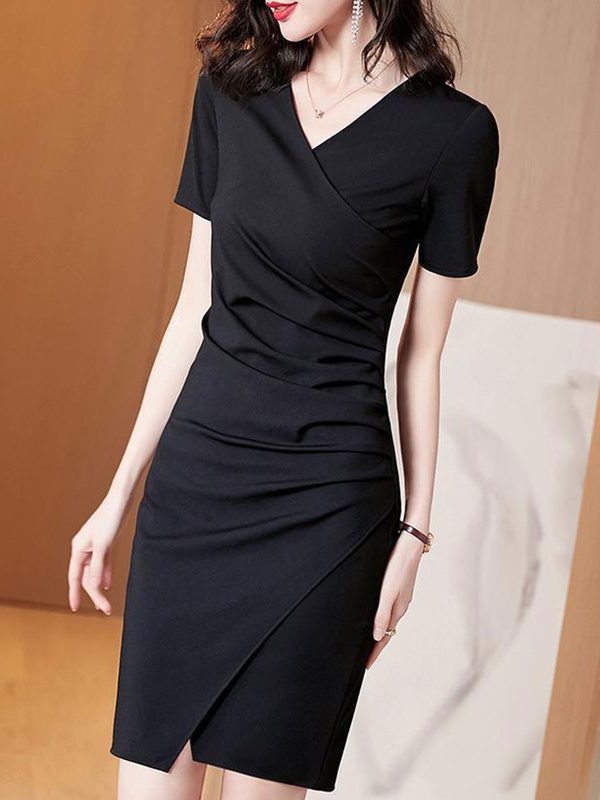 V neck Solid Color Bodycon Dress