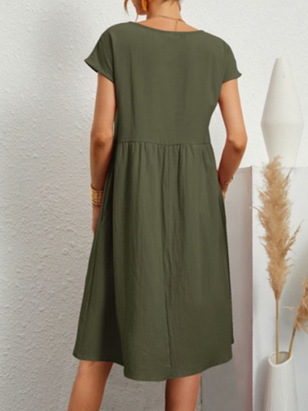 Summer Cotton And Linen Solid Color Round Neck Dress