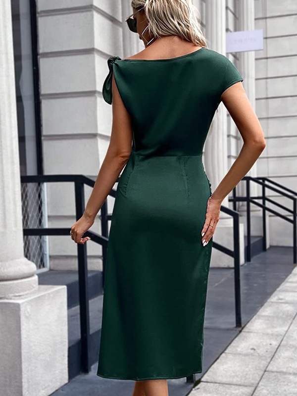 Women Fashion Solid Pleated Split Midi Dress