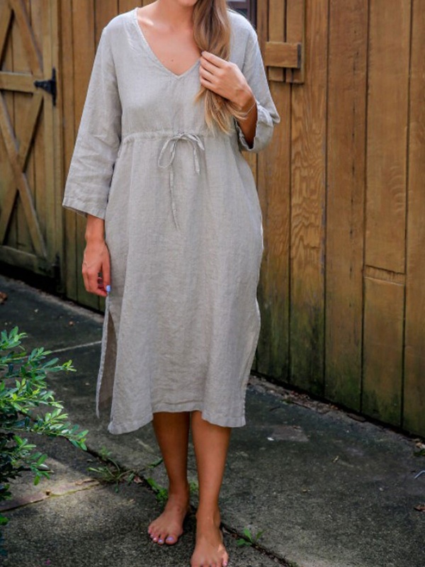 V neck Casual Loose Solid Color Drawstring Long Sleeve Midi