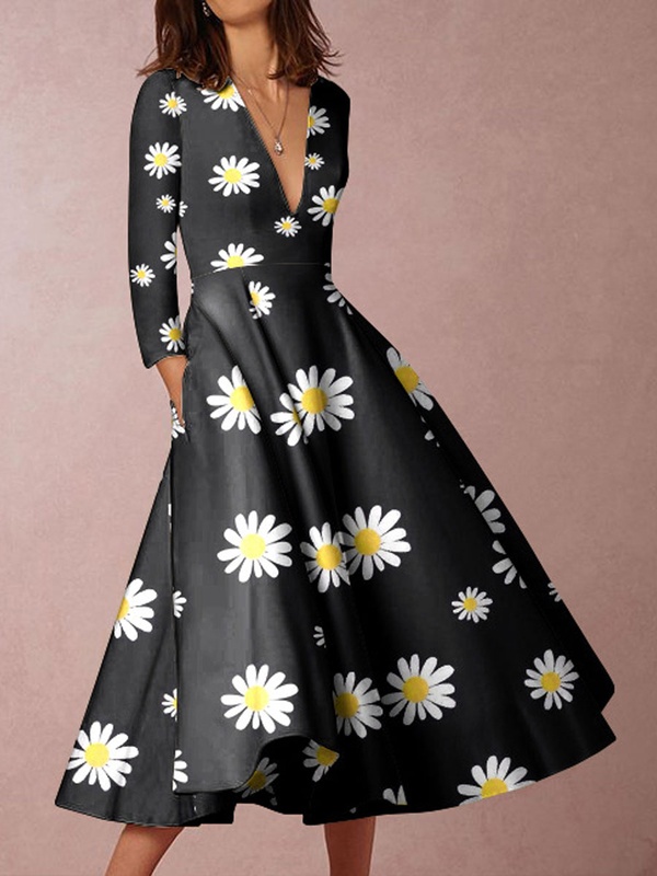 V neck Casual Loose Floral Print Long Sleeve Midi Dress