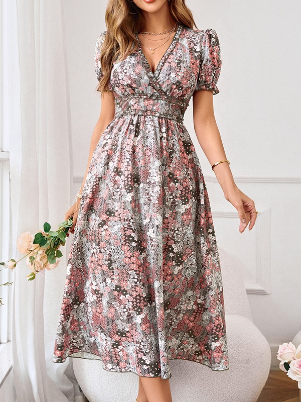 V neck Waist Up Printed Short Sleeve Midi Dress