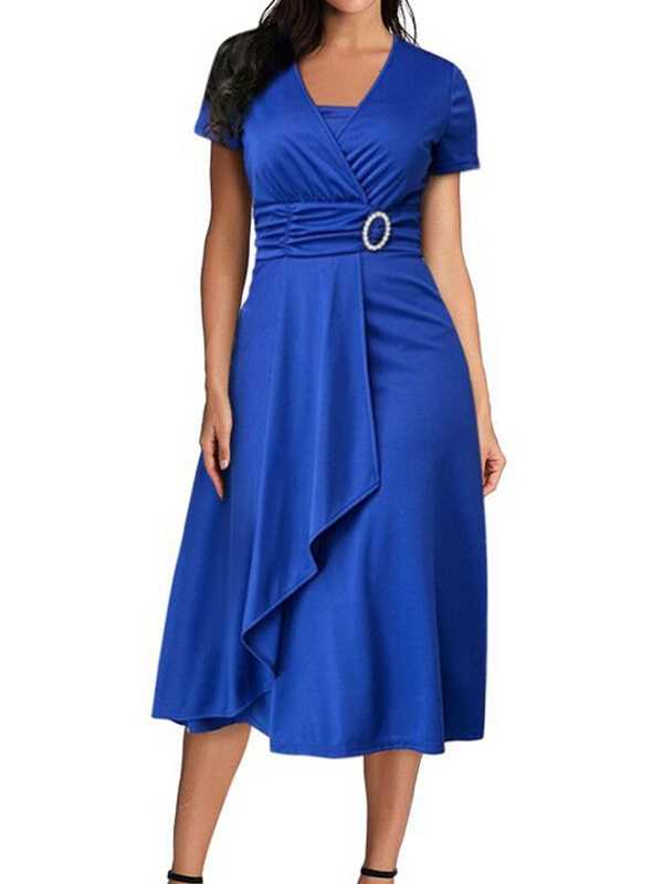 V neck Casual Loose Solid Color Short sleeved Midi Dress