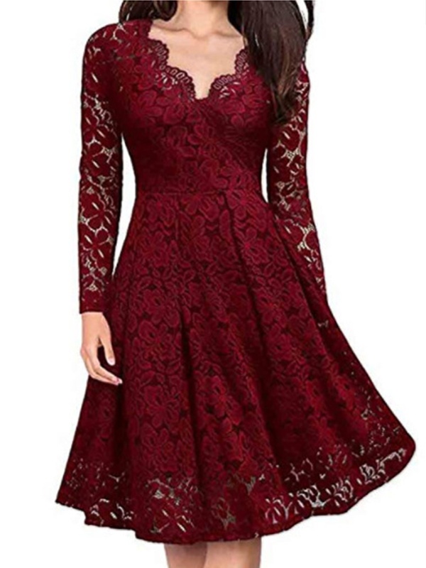 V neck Lace Long Sleeve Dress