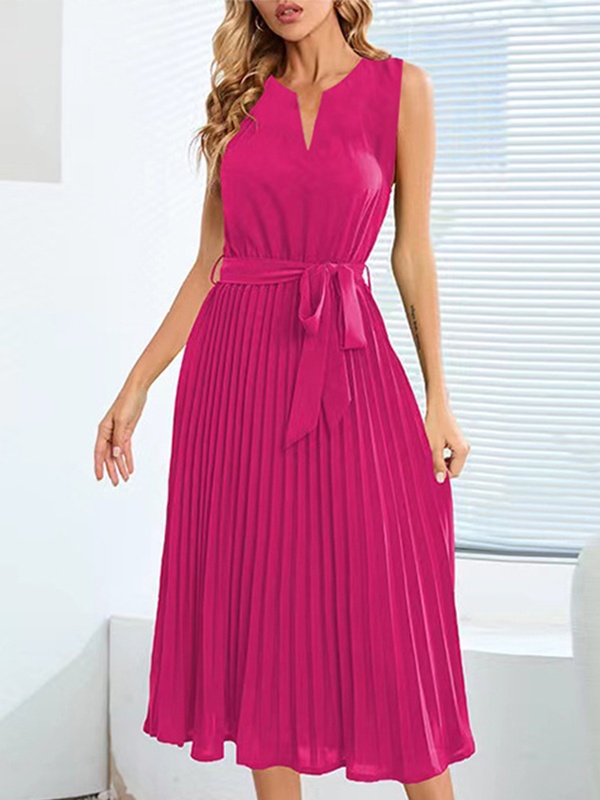 Pleated V neck Sleeveless Solid Midi Dress