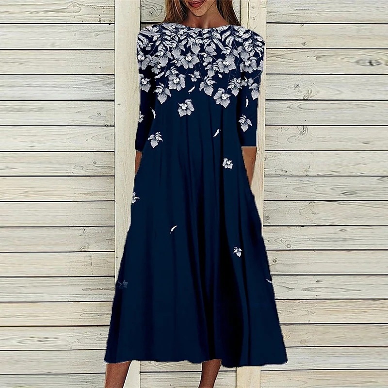 Casual Floral Print Crew Neck Long Sleeve Midi Dress