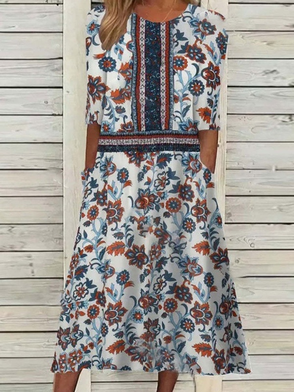 Round Neck Casual Printed Long Sleeve Midi Dress