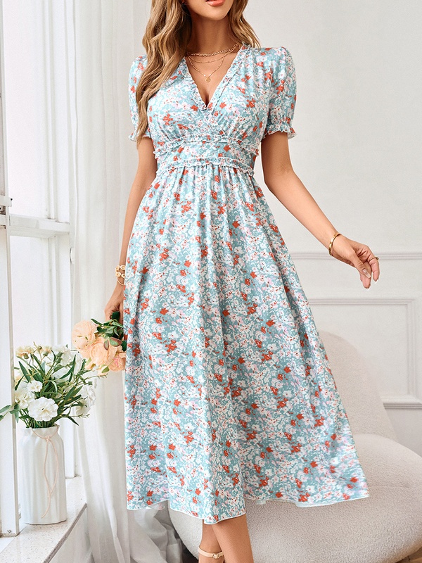 V neck Waist Up Printed Short Sleeve Midi Dress