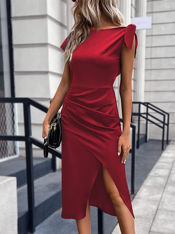 Women Fashion Solid Pleated Split Midi Dress