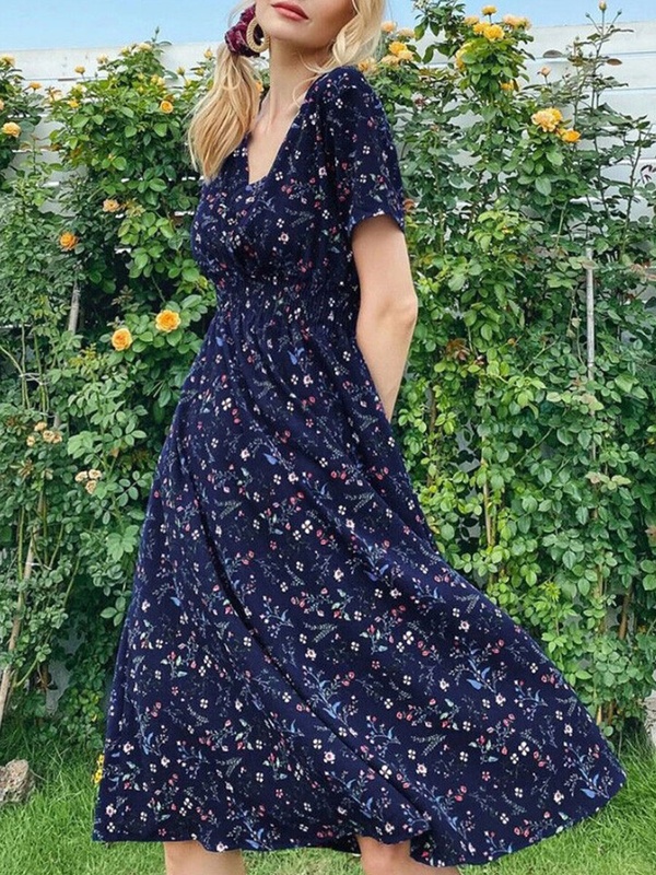 V Neck Floral Print Waist Short Sleeved Midi Dress