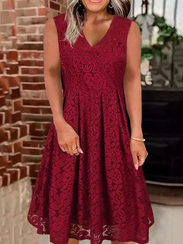 V Neck Sleeveless Lace Midi Dress