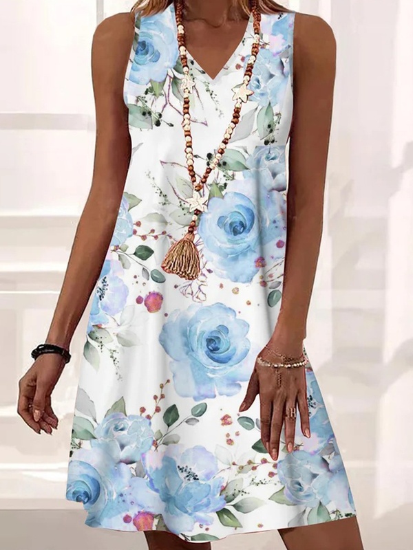 V Neck Sleeveless Printed Short Dress