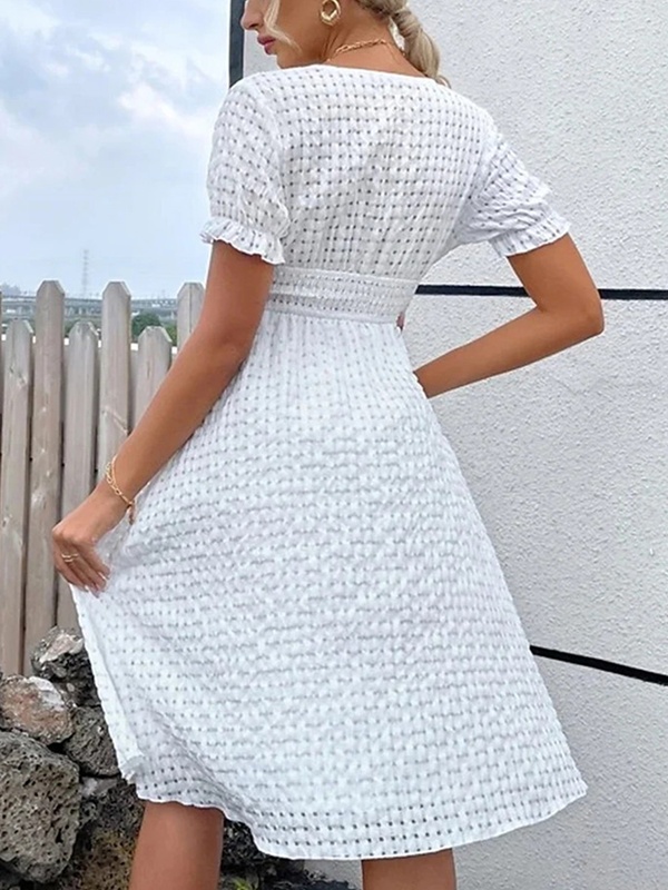 White Deep V neck Midi Dress