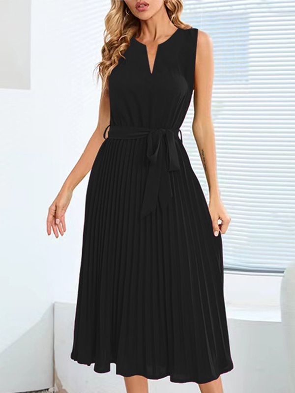 Pleated V neck Sleeveless Solid Midi Dress