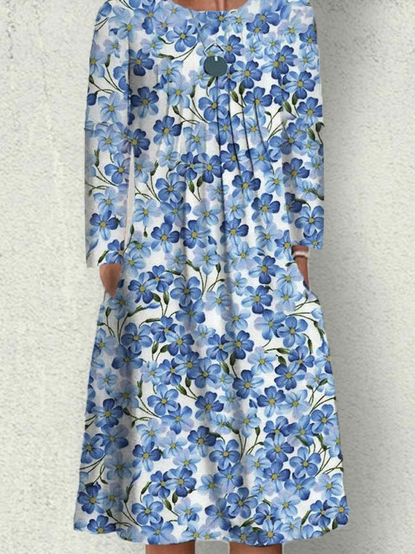 Round Neck Casual Loose Floral Print Long Sleeve Midi Dress