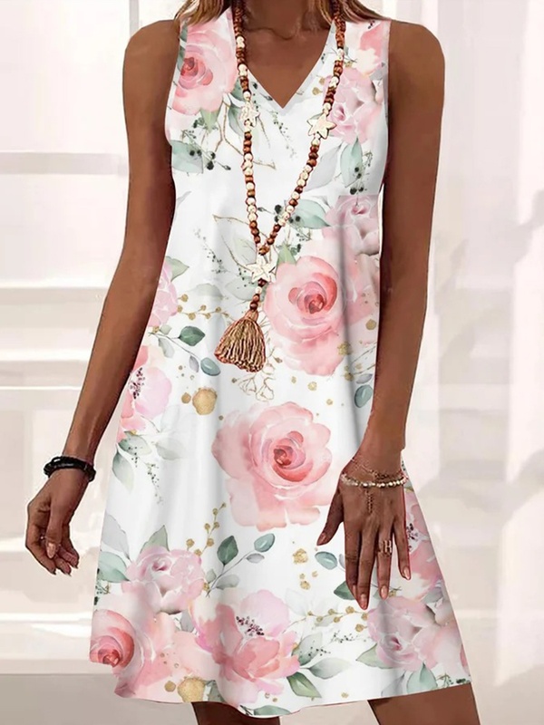 V Neck Sleeveless Printed Short Dress