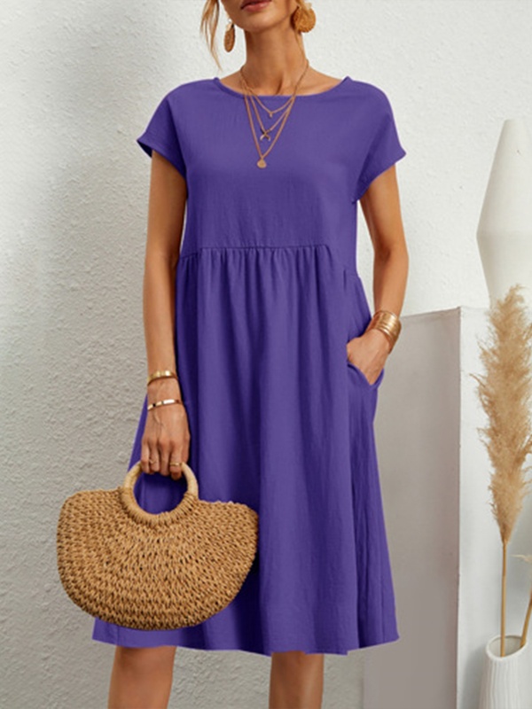 Summer Cotton And Linen Solid Color Round Neck Dress