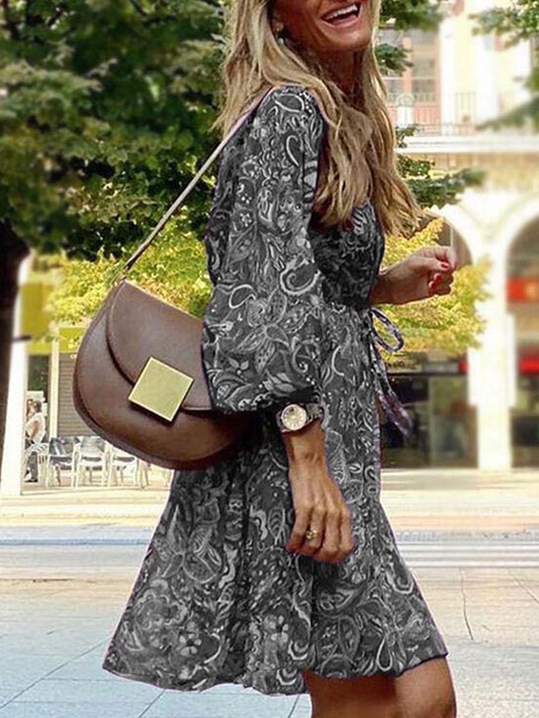 V neck Casual Loose Vintage Print Long Sleeve Short Dress