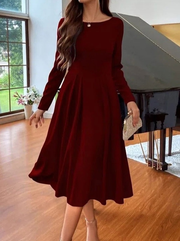 Round Neck Casual Loose Solid Color Long Sleeve Midi Dress